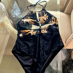 Gorgeous, tropical, black and tan one piece